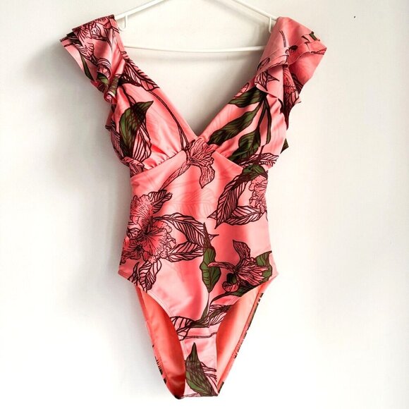 Hutch Floral Salmon Pink Ruffle Detail One Piece Swimsuit S - Picture 8 of 8